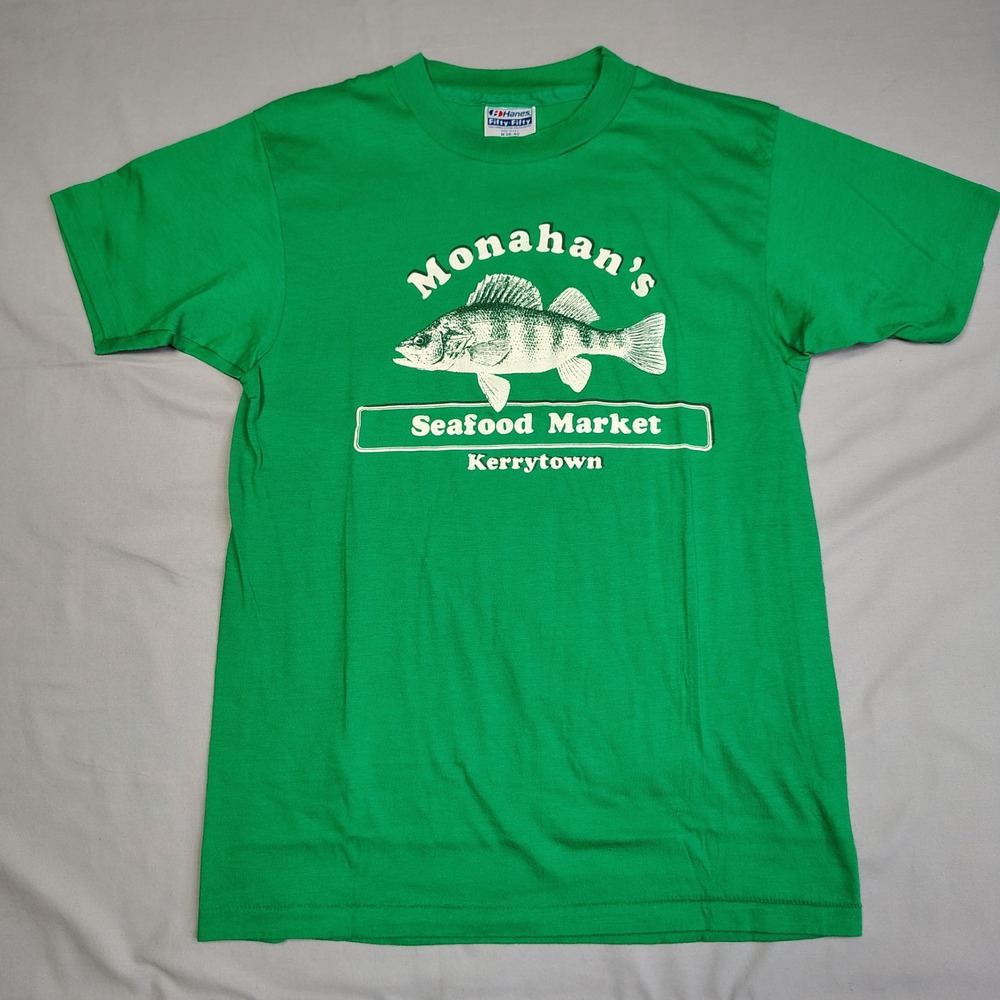 VINTAGEHanes Fifty-Fifty Monahans Seafood Market T-Shirt Green Mens Medium USA